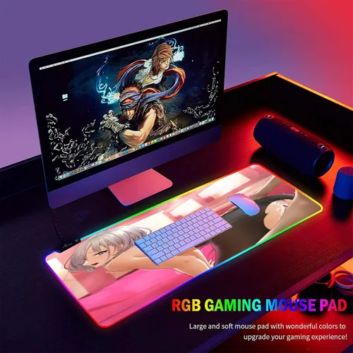 Vista 6 de Alfombrilla grande para mouse con luces LED RGB, animé para niña, sexy, pechos en el pecho, accesorios para videojuegos, videojuegos, escritorio
