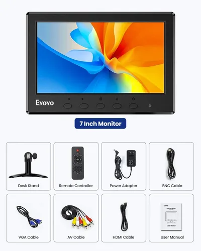 Vista 8 de Eyoyo Monitor Mini 7 Pulgadas Pequeno Monitor HDMI 1024x600 Pantalla LCD HDMI AV VGA BNC USB Entrada para NVR Cámara de Seguridad CCTV Cámara