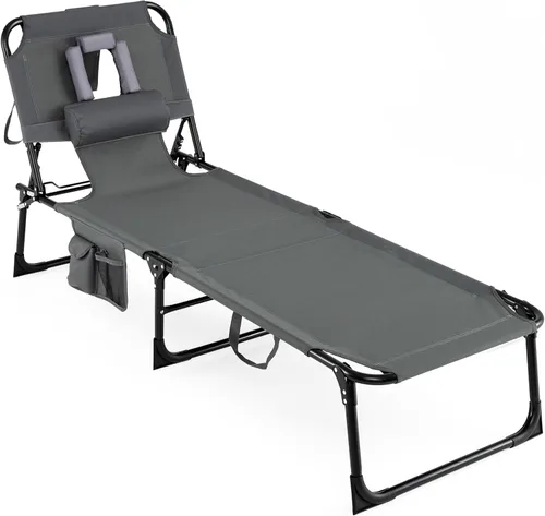Vista 12 de COSTWAY Silla de salón plegable de playa, silla de bronceado con agujero para la cara, respaldo ajustable de 5 posiciones, almohada y bolsillo