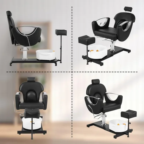 Vista 8 de Silla de pedicura giratoria de 360° con taburete y baño de pies de masaje, estación de pedicura hidráulica de altura ajustable sin plomería