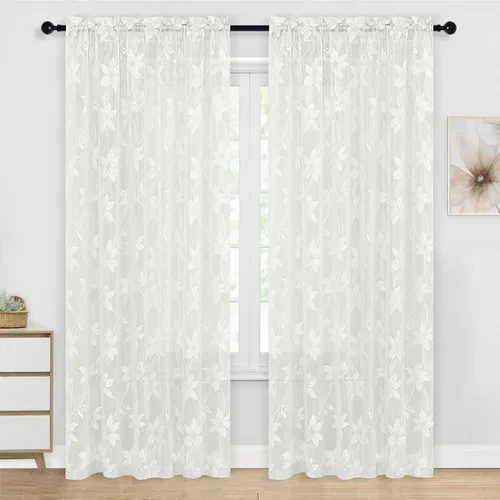 Vista 42 de DWCN Paquete de 2 cortinas traslúcidas pequeñas de encaje floral beige para cocina, cortinas traslúcidas ligeras con bolsillo para barra, cortinas