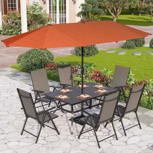 Vista 23 de PHI VILLA Juego de comedor de patio de 5 piezas con sombrilla de 10 pies (beige), juego de mesa y sillas para exteriores con sillas de comedor