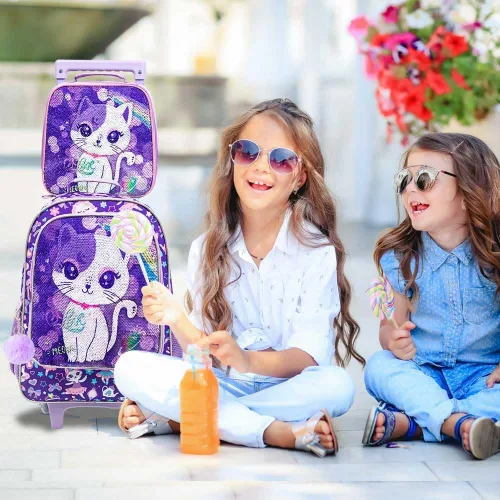 Vista 2 de Mochila con ruedas de 3 piezas para niñas y niños, bolsa de libros con ruedas de dinosaurio de unicornio