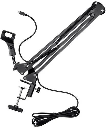 Vista 3 de Monoprice Soporte de micrófono de difusión de tijera, con cable mini USB integrado, soporta hasta 2 libras, puede extenderse 33 pulgadas - Serie