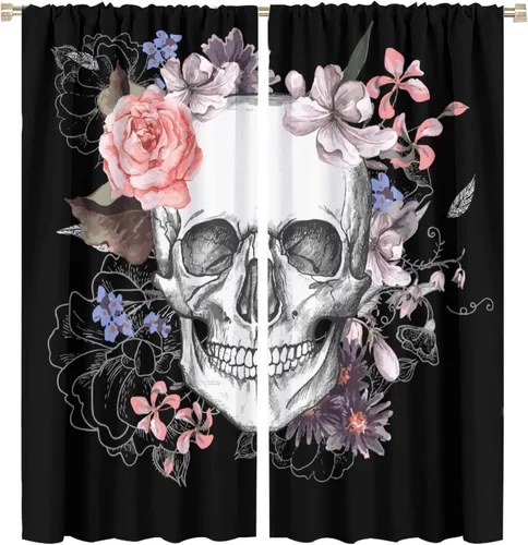 Vista 34 de Cortinas de cabeza de calavera, calavera blanca y rosas rojas con ramas y hojas negras, cortinas opacas decorativas para sala de estar, dormitorio