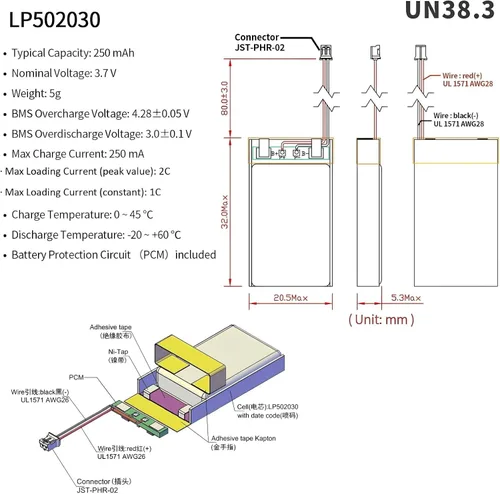 Vista 2 de EEMB Batería de polímero de litio 3.7 V 250 mAh 502030 Lipo Batería recargable con conector JST de cable para VXI Blue Parrott - Confirma