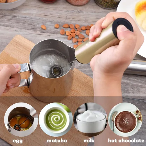 Vista 2 de Espumador de leche recargable de mano, espumador eléctrico de mano, mezclador de bebidas para café, lattes, capuchino y huevo, acero inoxidable