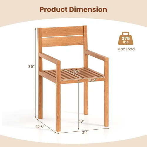 Vista 3 de HAPPYGRILL Silla de comedor de madera de teca, sillón de muebles de madera para exteriores con asiento y respaldo de listones, para patio trasero