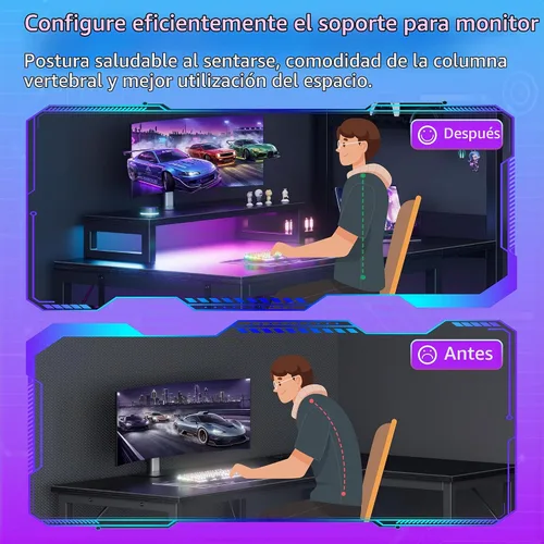 Vista 7 de Escritorio pequeño para juegos de 40 pulgadas con estantes de tablero de clavijas, escritorios para computadora con luces LED, tomas de corriente