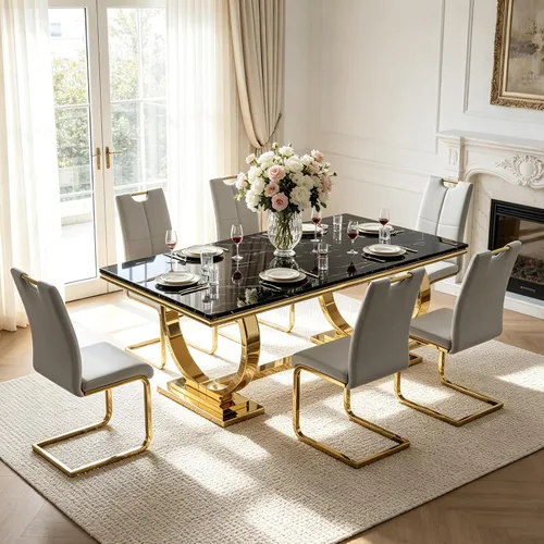 Vista 19 de Juego de mesa de comedor de mármol para 4, mesa de cocina rectangular de mármol blanco de 70 pulgadas con base en O de acero inoxidable dorado