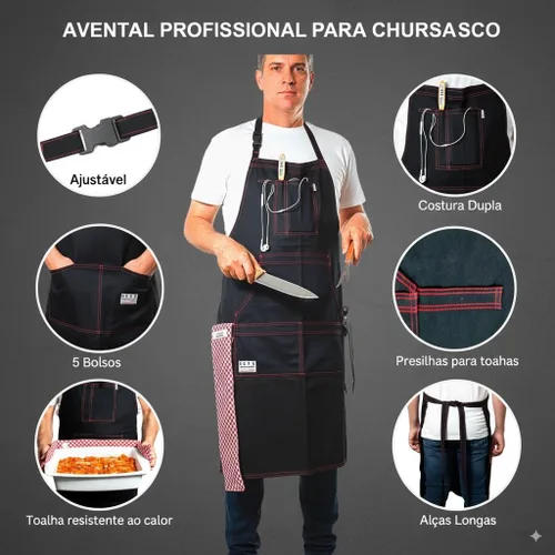 Vista 3 de BÖHM - Delantal de cocina profesional con bolsillos, trabillas para herramientas, correa ajustable para el cuello, algodón duradero de doble