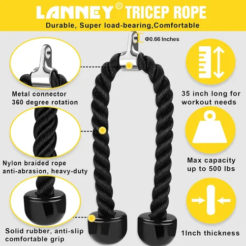 Vista 7 de Accesorio para máquina de cable de tríceps, cuerda de jalón de tríceps de 35 pulgadas, accesorios de jalón LAT, set de accesorios de gimnasio