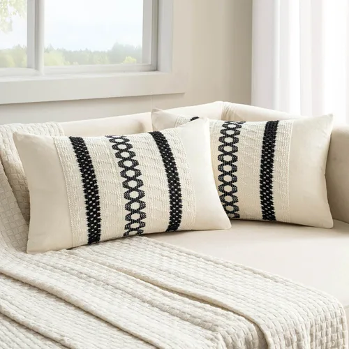 Vista 30 de MIULEE Fundas de almohada lumbares decorativas bohemias, cojín de algodón retro, tejido rustico de macramé para el hogar para cama, sofá, silla, Azul