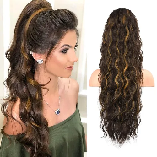 Vista 23 de FLUFYMOOZ Extensión de cola de caballo de 22 pulgadas, extensiones de cabello sintético ondulado largo y rizado para mujer