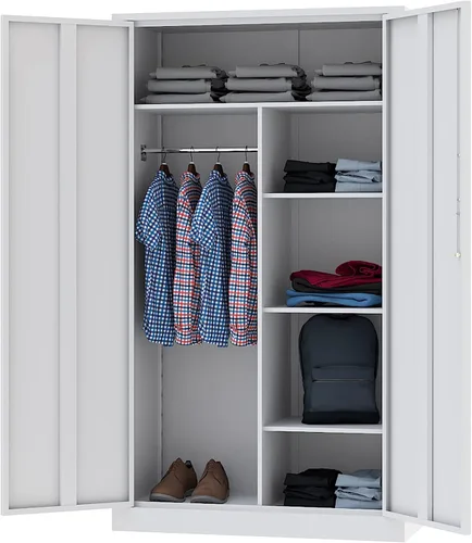 Vista 14 de Letaya Armario de metal de 71 pulgadas con 2 cajones, armario de acero con puertas y estantes, armarios de almacenamiento de ropa con barra