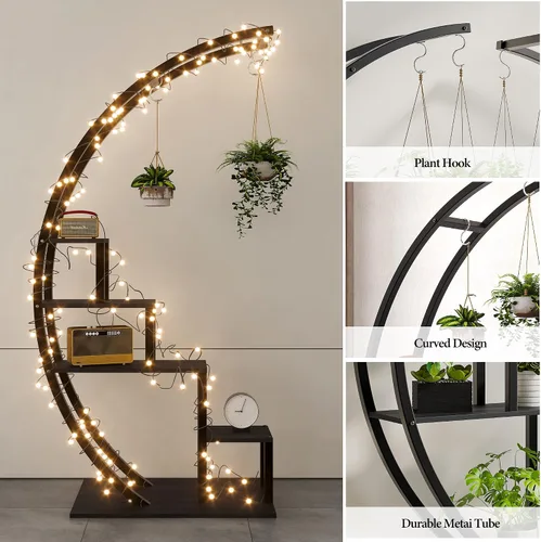 Vista 2 de GAOMON Soporte para plantas de interior de 5 niveles de alto, estante de metal para plantas de media luna, paquete de 2, elegante estante de flores