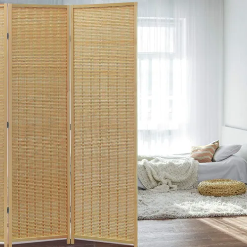Vista 5 de Divisor de habitación con bambú natural, 5 paneles plegables de privacidad, separador de habitación independiente, color beige