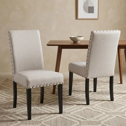 Vista 2 de Roundhill Furniture Biony - Sillas de comedor de tela color café con detalle de tachuelas, juego de 2, marrón, café
