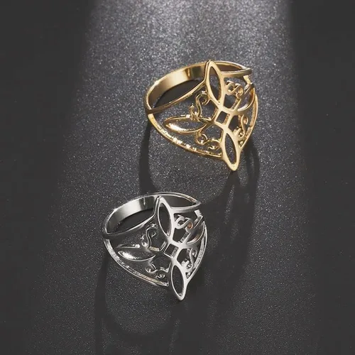 Vista 4 de Anillo de nudo de bruja para mujer, de acero inoxidable, estilo geométrico, brujería, amuleto celta, anillo de nudo celta, elegante y elegante