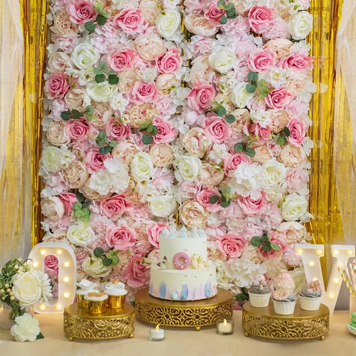 Vista 2 de NUPTIO Panel de pared de flores para telón de fondo: 12 piezas de 24 x 16 rosas artificiales blancas y rosas de imitación para decoración de bodas