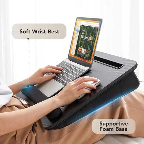 Vista 4 de HUANUO Escritorio de regazo para laptop, escritorio portátil con cojín de almohada, se adapta a portátiles de hasta 17 pulgadas, con tira Negro