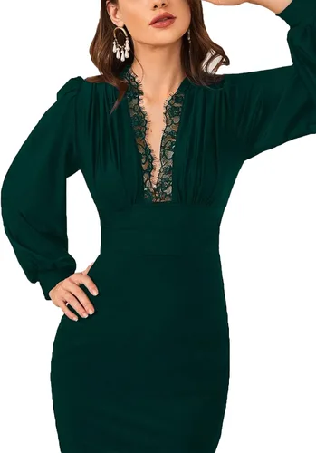 Vista 4 de Rooscier Women's Lace Deep V Neck Lantern Long Sleeve Ruched Split Bodycon Party Midi Dress