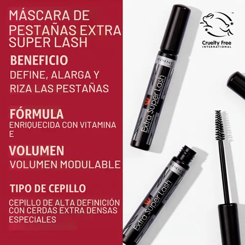 Vista 3 de Rimmel Máscara de Pestañas Extra Super Lash, Negro, 0.27 Onza Líquida