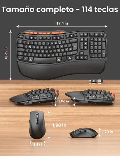 Vista 9 de Combo de teclado y mouse inalámbricos ergonómicos, 2.4G de tamaño completo con teclado de onda y reposa muñeca acolchado, escritura natural, mouse