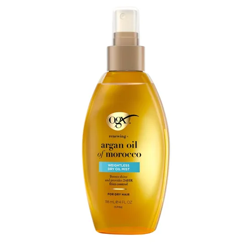 Vista 7 de OGX Aceite de Argán renovador de Marruecos en aerosol, aceite reparador ligero y seco, spray para el cuidado del cabello, bruma ligera para puntas