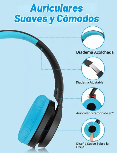 Vista 5 de Voopwink Auriculares para niños con micrófono, auriculares con cable sobre la oreja con volumen limitado de 85 dB/ 94 dB para niños, niñas Negro-Azul