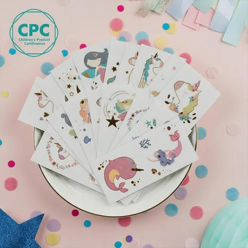 Vista 2 de PapaKit Unicorn and Friends - Juego de 36 tatuajes falsos temporales, 18 hojas envueltas individualmente Recompensa de regalo de fiesta