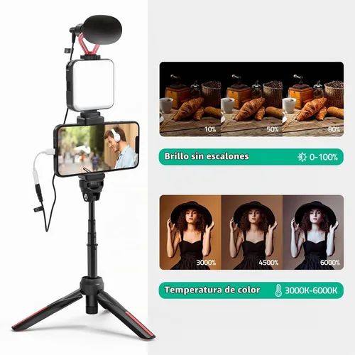 Vista 3 de Kit de videoblogs para teléfono inteligente con luz LED, soporte para teléfono, micrófono, trípode, bolsa de transporte, kit de inicio de YouTube