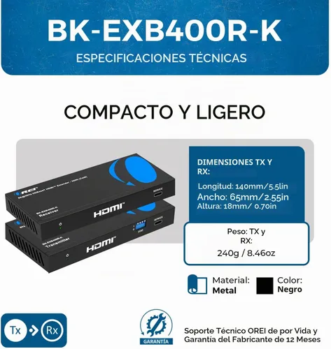 Vista 5 de OREI Extensor HDMI 8K@30Hz Balun HDBaseT 300ft - VRR, HDR, CEC, IR, RS-232