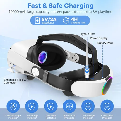 Vista 2 de Hurra Head Strap with Battery for Oculus Quest 2, 10000mAh Fast Charging Battery Pack Extend 8H Playtime, Adjustable Elite Strap Replacement with