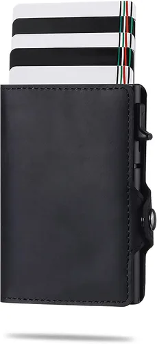 Vista 8 de TNE AirTag - Billetera de cuero genuino para tarjetas de crédito para hombres Bloqueo RFID Mini plegable automático de aluminio con cremallera
