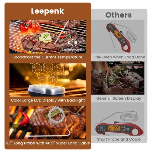 Vista 7 de Leepenk Termómetro digital para carne con transmisión de voz clara para ciegos y ancianos, termómetro de sonda para cocinar con pantalla táctil