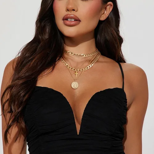 Vista 3 de Collares de capas de oro para mujer, gargantilla gruesa, cadena de eslabones, moneda retro de moda, colgante de 14K, collar hecho a mano, delicado