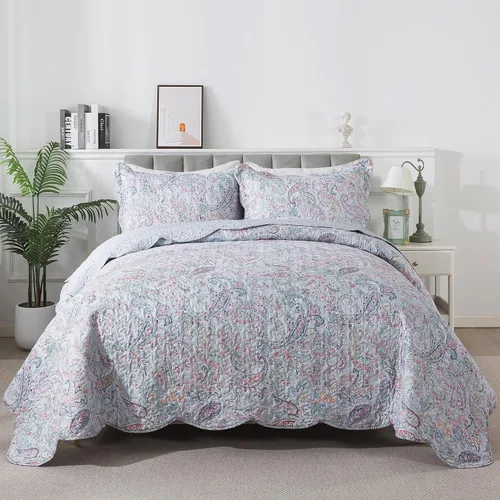 Vista 31 de Juego de cama de dos piezas, tamaño individual, de microfibra, reversible, de retazos, estilo floral, todas las estaciones, patrón de porcelana azul