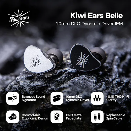 Vista 2 de Linsoul Kiwi Ears Belle 10 mm DLC controlador dinámico de 10 mm para monitorización intra-auricular, auriculares HiFi con cable con cables dobles