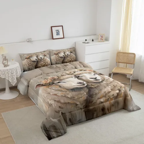 Vista 3 de Juego de edredón estampado de ovejas, juego de ropa de cama vintage de granja para niños, niñas, mujeres, adultos, parejas, ovejas, juego de edredón