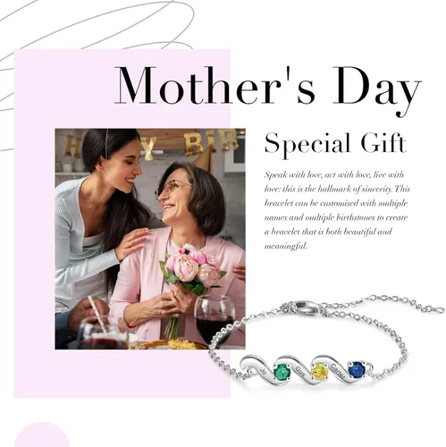 Vista 7 de Lam Hub Fong Pulsera personalizada de regalo para el día de la madre, pulseras personalizadas con nombre de piedra natal para mamá de hija, pulseras