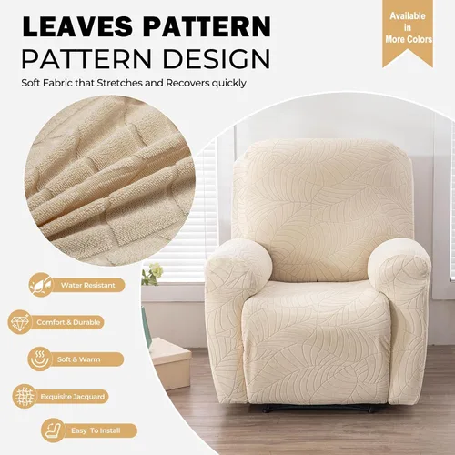 Vista 2 de vctops Funda repelente al agua para silla reclinable de 4 piezas con bolsillo lateral, diseño de hojas de jacquard, elástica, suave, protector