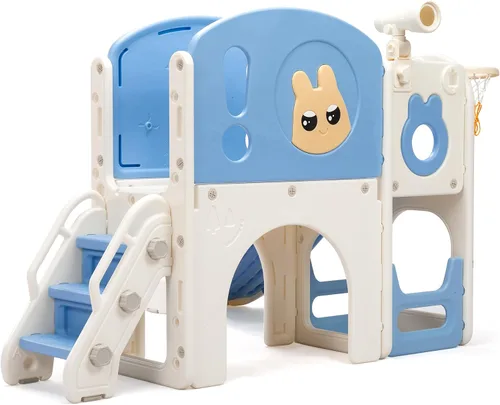 Vista 3 de NYEEKOY Juego de tobogán y escalador 8 en 1 para niños pequeños, parque infantil con escaleras, túnel, telescopio, almacenamiento, aro de baloncesto