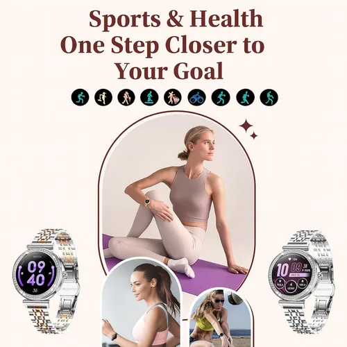 Vista 5 de Yihou Relojes inteligentes para mujer, rastreador de actividad física con diamantes, modos multideportivos, monitor de frecuencia cardíaca