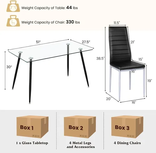 Vista 6 de Giantex Juego de mesa de comedor para 4, juego de sillas de mesa de cocina con mesa rectangular de vidrio de 51 pulgadas, 4 sillas de comedor