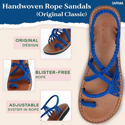 Vista 3 de Capana Sandalias planas tejidas para mujer, sandalias trenzadas con tiras, sandalias de playa para mujer, sandalias bohemias de cuerda, zapatos