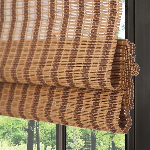 Vista 8 de Persianas romanas de bambú sin cordones para ventanas, persianas de madera tejida natural de ónix negro con cenefa de 6 pulgadas de alto, persianas