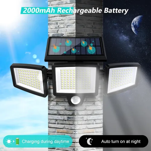 Vista 4 de Tuffenough - Luces solares para exteriores, 2500 lm, 210 luces LED de seguridad con control remoto, 3 cabezales de luces con sensor de movimiento