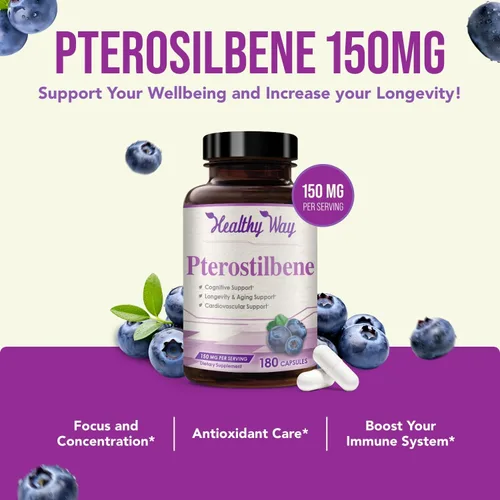 Vista 3 de Suplemento de pterostilbeno de 150 mg – Suplemento antioxidante una vez al día para un envejecimiento saludable para la piel y el cerebro inmune