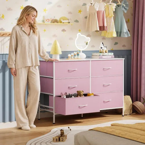 Vista 4 de WLIVE Cómoda de tela rosa para dormitorio, cómoda de 6 cajones, cómoda